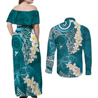 Cyan Polynesian Tribal Frangipani Tropical Vibe Couples Matching Off Shoulder Maxi Dress and Long Sleeve Button Shirt