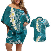 Cyan Polynesian Tribal Frangipani Tropical Vibe Couples Matching Off Shoulder Short Dress and Hawaiian Shirt