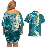 Cyan Polynesian Tribal Frangipani Tropical Vibe Couples Matching Off Shoulder Short Dress and Hawaiian Shirt