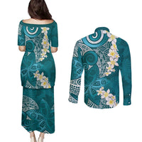 Cyan Polynesian Tribal Frangipani Tropical Vibe Couples Matching Puletasi and Long Sleeve Button Shirt