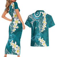 Cyan Polynesian Tribal Frangipani Tropical Vibe Couples Matching Short Sleeve Bodycon Dress and Hawaiian Shirt