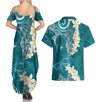 Cyan Polynesian Tribal Frangipani Tropical Vibe Couples Matching Summer Maxi Dress and Hawaiian Shirt