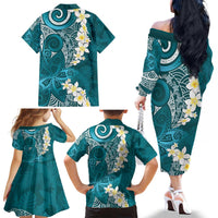 Cyan Polynesian Tribal Frangipani Tropical Vibe Family Matching Off The Shoulder Long Sleeve Dress and Hawaiian Shirt
