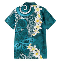 Cyan Polynesian Tribal Frangipani Tropical Vibe Family Matching Off Shoulder Maxi Dress and Hawaiian Shirt