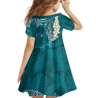 Cyan Polynesian Tribal Frangipani Tropical Vibe Kid Short Sleeve Dress