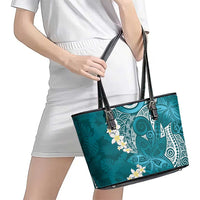 Cyan Polynesian Tribal Frangipani Tropical Vibe Leather Tote Bag