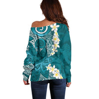 Cyan Polynesian Tribal Frangipani Tropical Vibe Off Shoulder Sweater