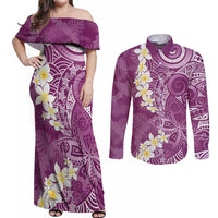 Pink Polynesian Tribal Frangipani Tropical Vibe Couples Matching Off Shoulder Maxi Dress and Long Sleeve Button Shirt