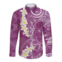 Pink Polynesian Tribal Frangipani Tropical Vibe Long Sleeve Button Shirt