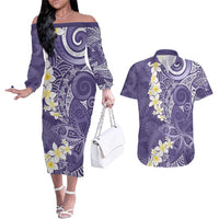 Violet Polynesian Tribal Frangipani Tropical Vibe Couples Matching Off The Shoulder Long Sleeve Dress and Hawaiian Shirt