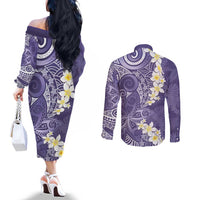 Violet Polynesian Tribal Frangipani Tropical Vibe Couples Matching Off The Shoulder Long Sleeve Dress and Long Sleeve Button Shirt