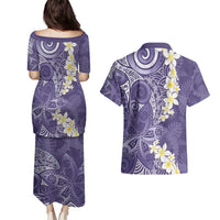 Violet Polynesian Tribal Frangipani Tropical Vibe Couples Matching Puletasi and Hawaiian Shirt