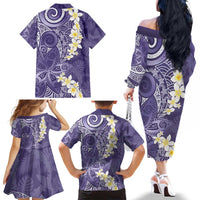 Violet Polynesian Tribal Frangipani Tropical Vibe Family Matching Off The Shoulder Long Sleeve Dress and Hawaiian Shirt