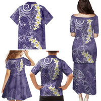 Violet Polynesian Tribal Frangipani Tropical Vibe Family Matching Puletasi and Hawaiian Shirt