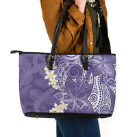 Violet Polynesian Tribal Frangipani Tropical Vibe Leather Tote Bag