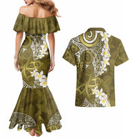 Gold Polynesian Tribal Frangipani Tropical Vibe Couples Matching Mermaid Dress and Hawaiian Shirt