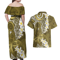 Gold Polynesian Tribal Frangipani Tropical Vibe Couples Matching Off Shoulder Maxi Dress and Hawaiian Shirt