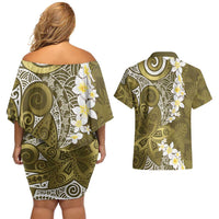 Gold Polynesian Tribal Frangipani Tropical Vibe Couples Matching Off Shoulder Short Dress and Hawaiian Shirt