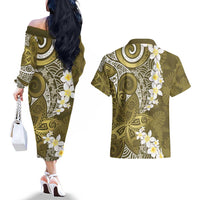 Gold Polynesian Tribal Frangipani Tropical Vibe Couples Matching Off The Shoulder Long Sleeve Dress and Hawaiian Shirt