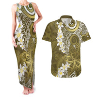 Gold Polynesian Tribal Frangipani Tropical Vibe Couples Matching Tank Maxi Dress and Hawaiian Shirt