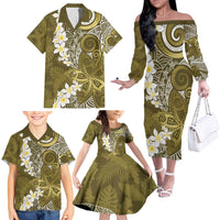 Gold Polynesian Tribal Frangipani Tropical Vibe Family Matching Off The Shoulder Long Sleeve Dress and Hawaiian Shirt