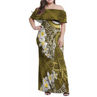 Gold Polynesian Tribal Frangipani Tropical Vibe Family Matching Off Shoulder Maxi Dress and Hawaiian Shirt