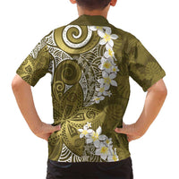 Gold Polynesian Tribal Frangipani Tropical Vibe Family Matching Puletasi and Hawaiian Shirt