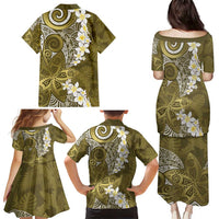 Gold Polynesian Tribal Frangipani Tropical Vibe Family Matching Puletasi and Hawaiian Shirt