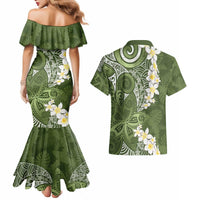 Green Polynesian Tribal Frangipani Tropical Vibe Couples Matching Mermaid Dress and Hawaiian Shirt