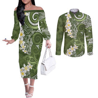 Green Polynesian Tribal Frangipani Tropical Vibe Couples Matching Off The Shoulder Long Sleeve Dress and Long Sleeve Button Shirt