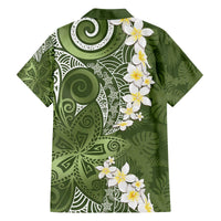 Green Polynesian Tribal Frangipani Tropical Vibe Family Matching Off The Shoulder Long Sleeve Dress and Hawaiian Shirt