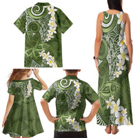 Green Polynesian Tribal Frangipani Tropical Vibe Family Matching Tank Maxi Dress and Hawaiian Shirt