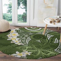 Green Polynesian Tribal Frangipani Tropical Vibe Round Carpet