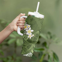 Green Polynesian Tribal Frangipani Tropical Vibe Tumbler With Handle