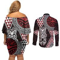 Red Aotearoa Niho Taniwha Couples Matching Off Shoulder Short Dress and Long Sleeve Button Shirt Maori Mythology Tooth - Taniko Motifs