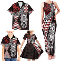 Red Aotearoa Niho Taniwha Family Matching Tank Maxi Dress and Hawaiian Shirt Maori Mythology Tooth - Taniko Motifs