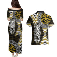 Yellow Aotearoa Niho Taniwha Couples Matching Puletasi and Hawaiian Shirt Maori Mythology Tooth - Taniko Motifs