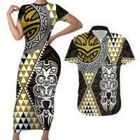 Yellow Aotearoa Niho Taniwha Couples Matching Short Sleeve Bodycon Dress and Hawaiian Shirt Maori Mythology Tooth - Taniko Motifs