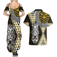 Yellow Aotearoa Niho Taniwha Couples Matching Summer Maxi Dress and Hawaiian Shirt Maori Mythology Tooth - Taniko Motifs