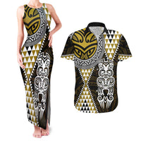 Yellow Aotearoa Niho Taniwha Couples Matching Tank Maxi Dress and Hawaiian Shirt Maori Mythology Tooth - Taniko Motifs