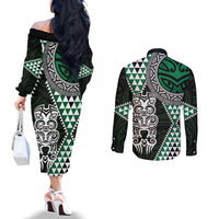 Green Aotearoa Niho Taniwha Couples Matching Off The Shoulder Long Sleeve Dress and Long Sleeve Button Shirt Maori Mythology Tooth - Taniko Motifs LT14 - Polynesian Pride