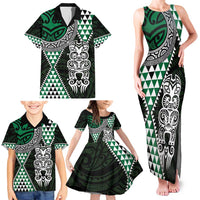 Green Aotearoa Niho Taniwha Family Matching Tank Maxi Dress and Hawaiian Shirt Maori Mythology Tooth - Taniko Motifs
