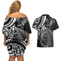 New Zealand Lizard Couples Matching Off Shoulder Short Dress and Hawaiian Shirt Silver Fern Aotearoa Maori LT14 - Polynesian Pride