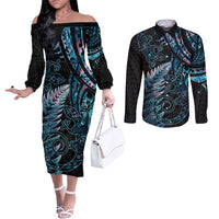New Zealand Lizard Couples Matching Off The Shoulder Long Sleeve Dress and Long Sleeve Button Shirt Silver Fern Aotearoa Maori With Paua Shell LT14 Turquoise - Polynesian Pride