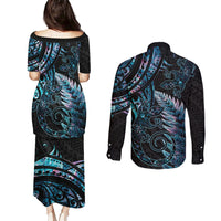New Zealand Lizard Couples Matching Puletasi and Long Sleeve Button Shirt Silver Fern Aotearoa Maori With Paua Shell LT14 - Polynesian Pride