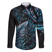 New Zealand Lizard Family Matching Long Sleeve Bodycon Dress and Hawaiian Shirt Silver Fern Aotearoa Maori With Paua Shell LT14 Dad's Shirt - Long Sleeve Turquoise - Polynesian Pride