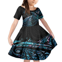 New Zealand Lizard Family Matching Mermaid Dress and Hawaiian Shirt Silver Fern Aotearoa Maori With Paua Shell LT14 Daughter's Dress Turquoise - Polynesian Pride