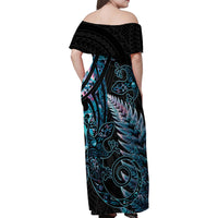 New Zealand Lizard Family Matching Off Shoulder Maxi Dress and Hawaiian Shirt Silver Fern Aotearoa Maori With Paua Shell LT14 - Polynesian Pride