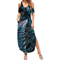 New Zealand Lizard Family Matching Summer Maxi Dress and Hawaiian Shirt Silver Fern Aotearoa Maori With Paua Shell LT14 Mom's Dress Turquoise - Polynesian Pride