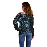 New Zealand Lizard Off Shoulder Sweater Silver Fern Aotearoa Maori With Paua Shell LT14 - Polynesian Pride